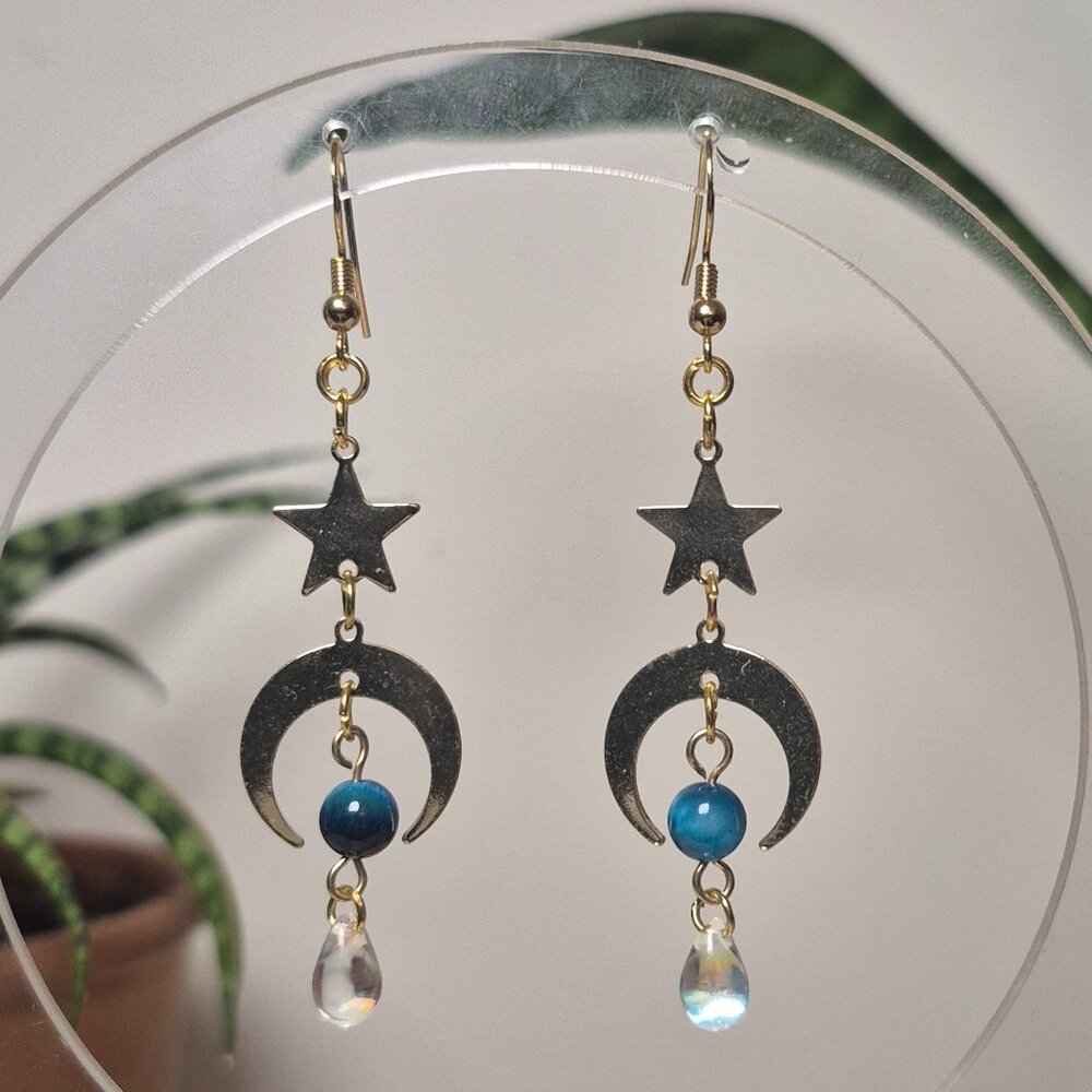 Blue Tiger's Eye Celestial Golden Earrings